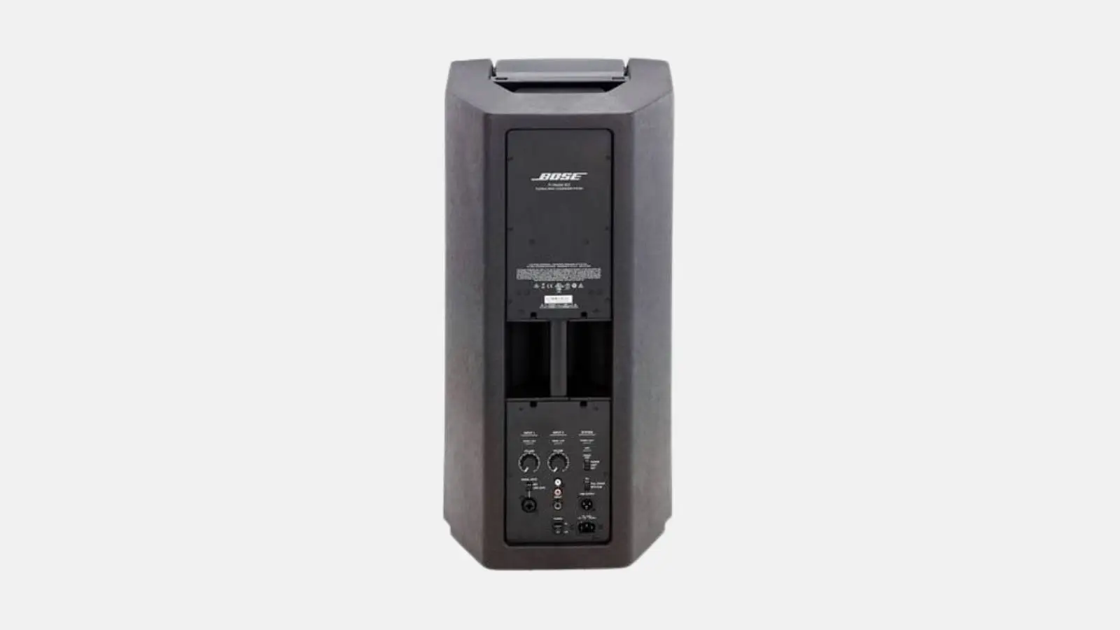 Bose F1 System PA-Anlage, Rückansicht des Lautsprechers mit Bose Logo, Tragegriff und Anschlussfeld vor weißem Hintergrund.