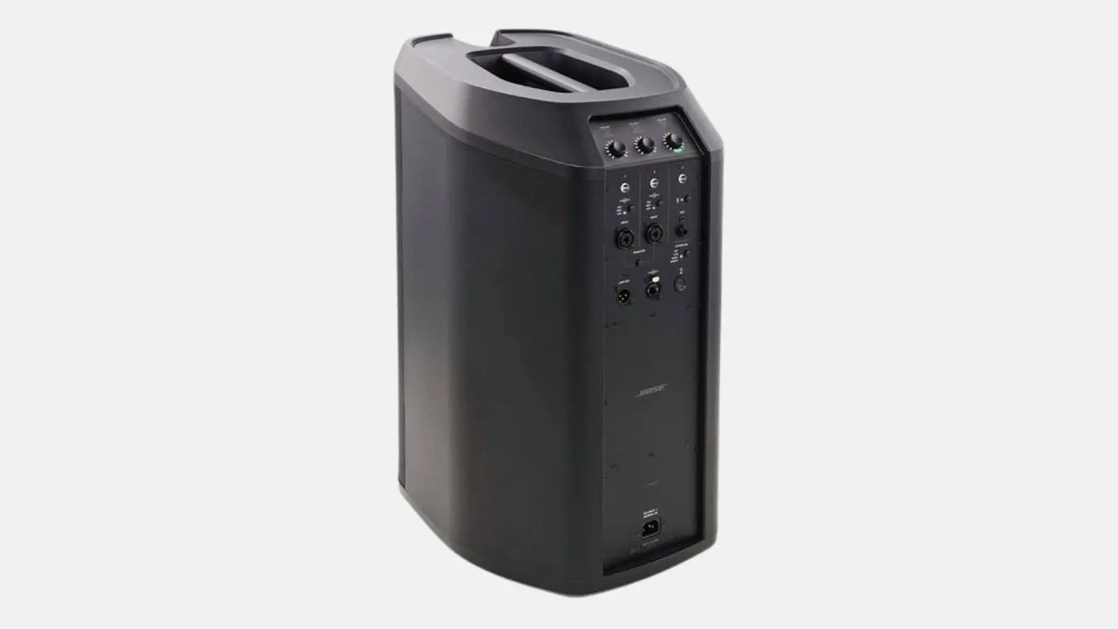 Bose L1 Pro16 Säulensystem, Rückansicht des Power Stands mit ToneMatch-Mixer und Anschlüssen in Schrägansicht.