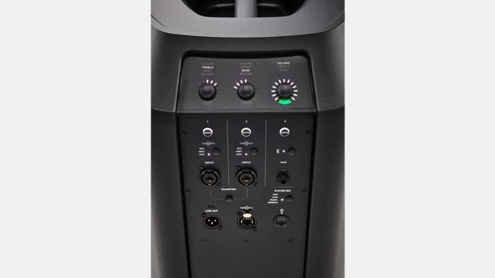 Bose L1 Pro16 Säulensystem, Detailansicht des ToneMatch-Mischpults mit Reglern für Höhen, Bass und Lautstärke.