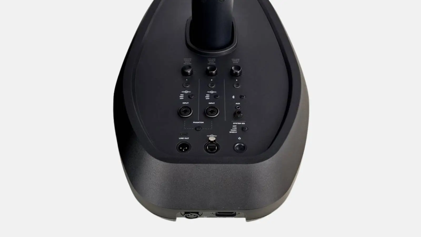 Bose L1 Pro32 Säulensystem, Rückansicht des Power Stands mit integriertem ToneMatch-Mixer und Anschlüssen.