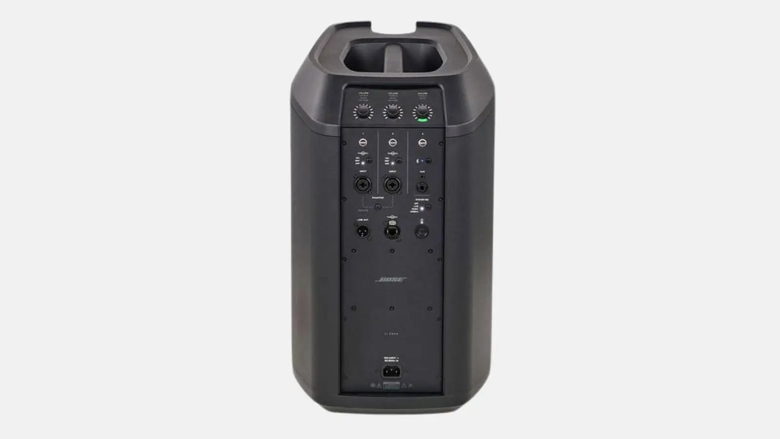 Bose L1 Pro8 Säulensystem, Rückansicht des Power Stands mit ToneMatch-Mixer, Reglern und Anschlüssen.
