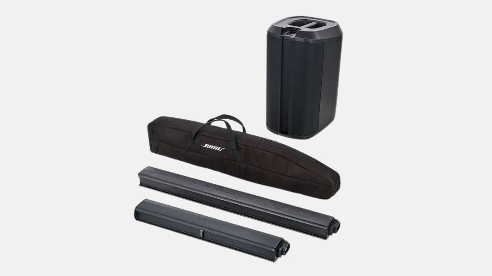 Bose L1 Pro8 Säulensystem mit Power Stand, Transporttasche und Array-Segmenten vor weißem Hintergrund.