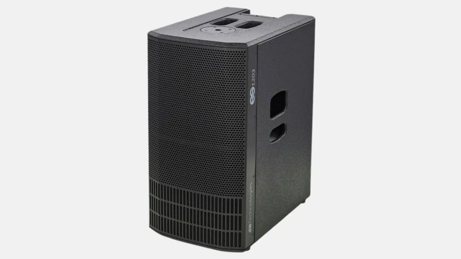 dB Technologies ES 1203 Säulensystem-Basiseinheit in Schwarz mit Subwoofer vor weißem Hintergrund.