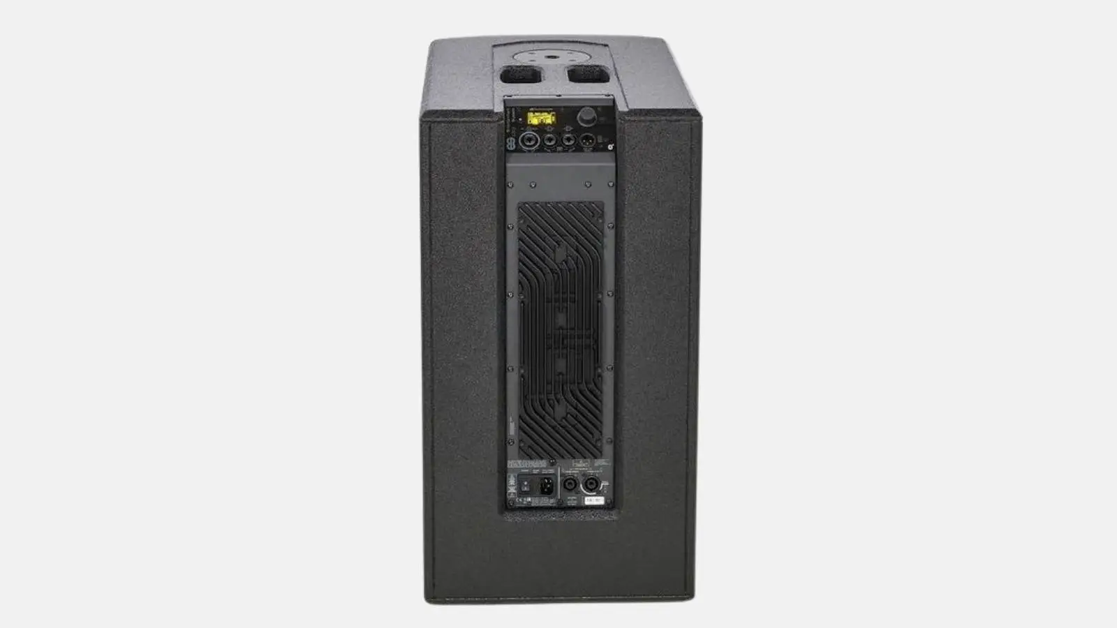 Rückseite der dB Technologies ES 1203 Basiseinheit mit Verstärkerpanel und Anschlüssen vor weißem Hintergrund.