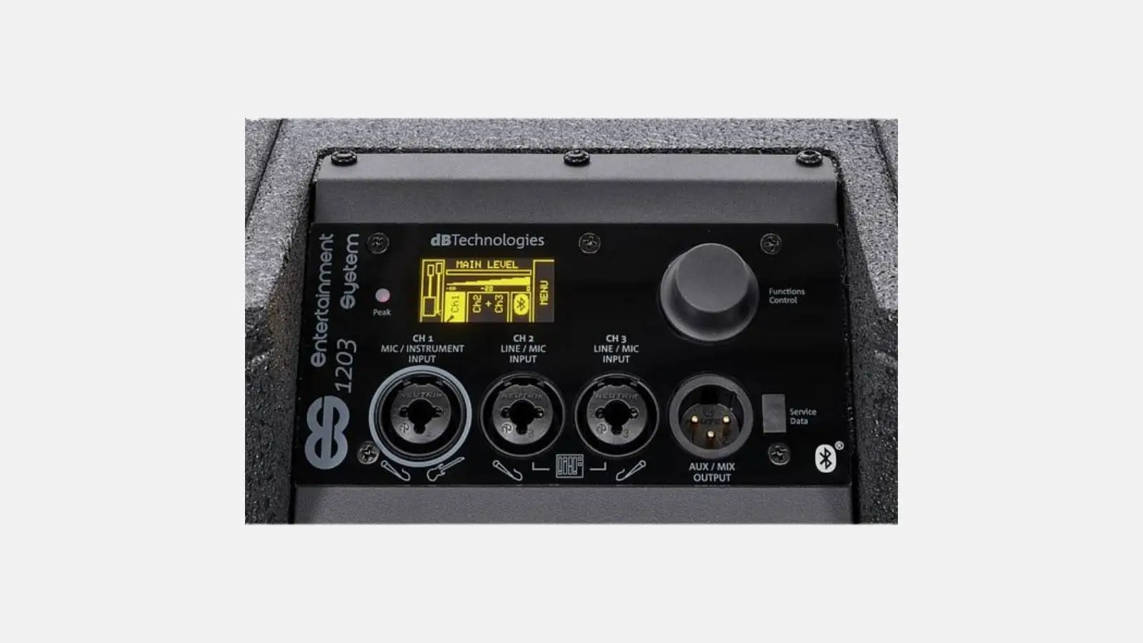 Integrierter 3-Kanal-Digitalmixer der dB Technologies ES 1203 mit XLR-Eingängen in Detailansicht.