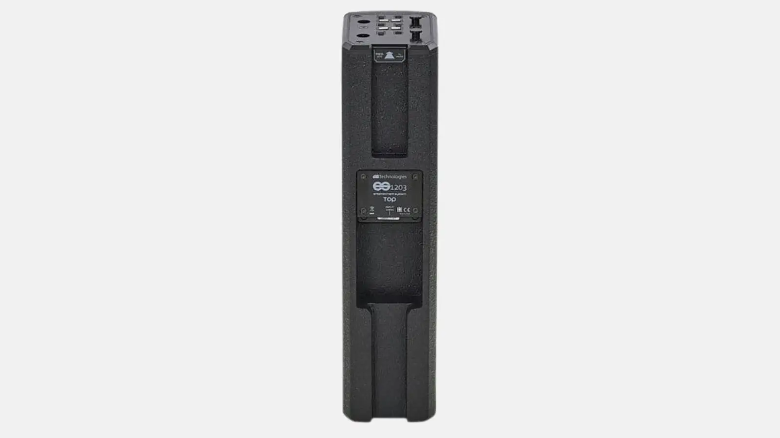 dB Technologies ES 1203 Säulensystem, Rückseite des schwarzen Bassmoduls mit Typenschild.
