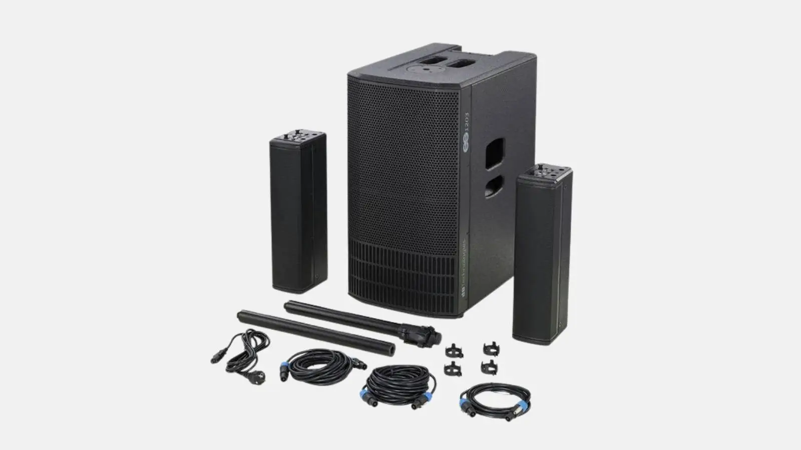dB Technologies ES 1203 Säulensystem als Set mit Bassmodul, zwei Säulenlautsprechern, Verbindungsstange und Kabeln vor weißem Hintergrund.