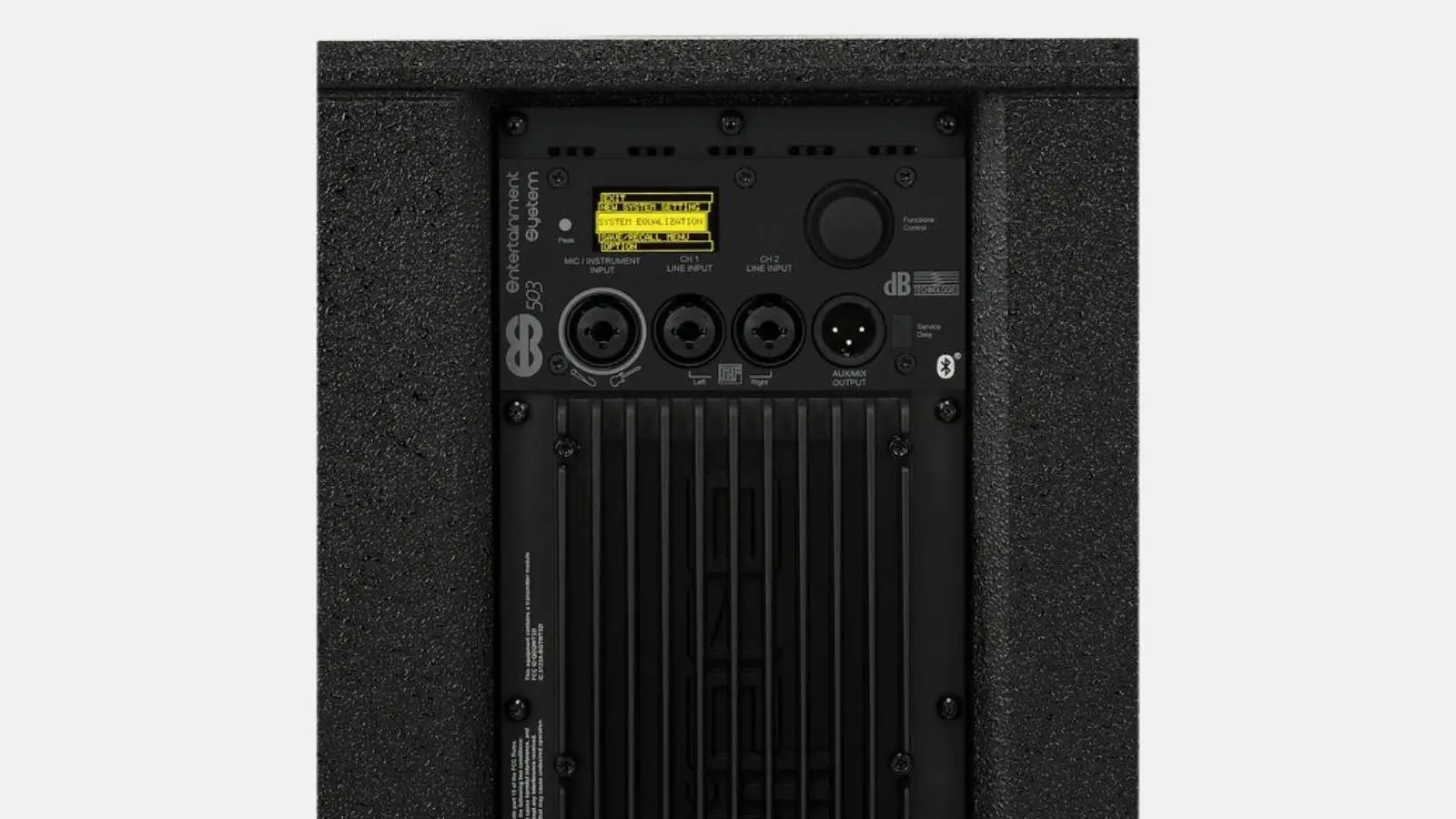 dB Technologies ES 503 Säulensystem, Bedienfeld mit XLR-Eingängen und Display in Nahaufnahme.