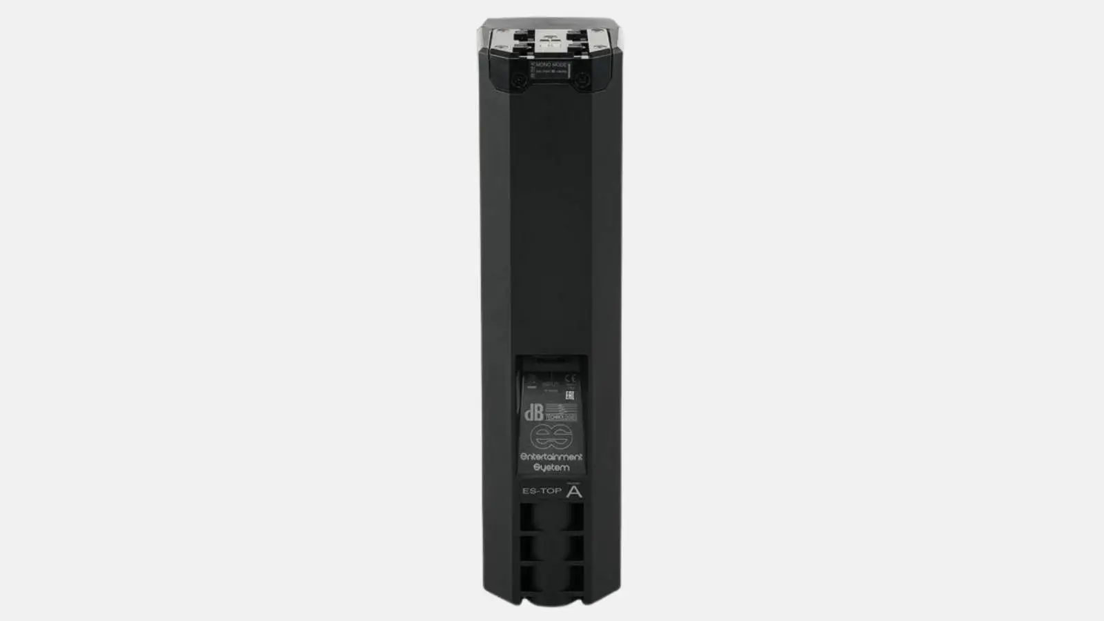 dB Technologies ES 503 Säulensystem, Rückseite des schwarzen Bassmoduls mit ES-TOP Anschluss.
