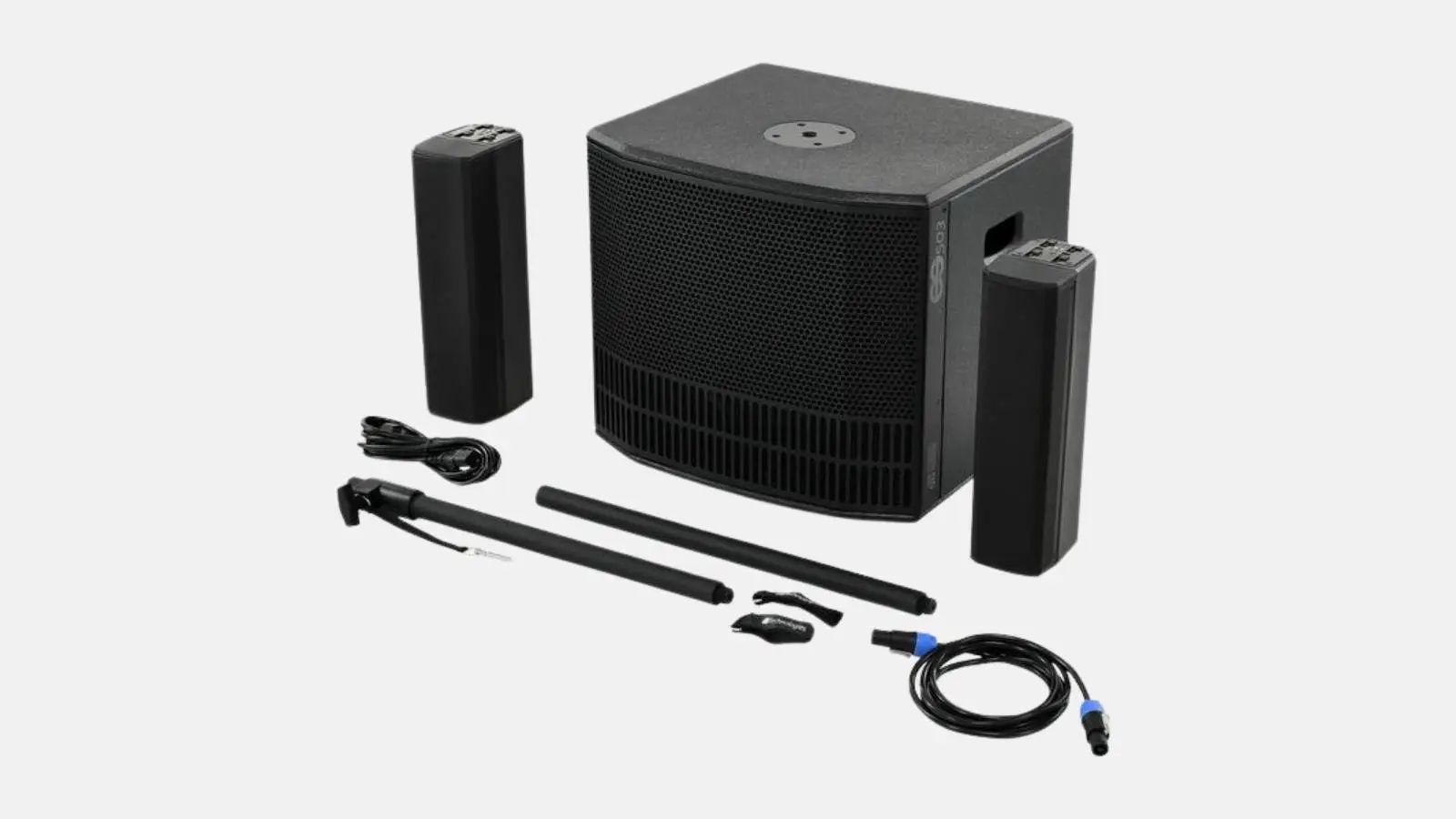 dB Technologies ES 503 Säulensystem als Set mit Subwoofer, zwei Säulenlautsprechern, Verbindungsstange und Kabeln vor weißem Hintergrund.