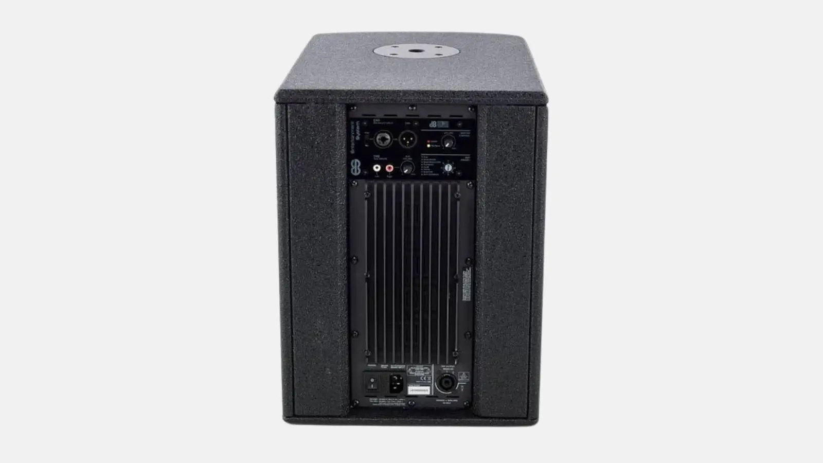 dB Technologies ES602 kompaktes Säulensystem, Rückseite des schwarzen Bassmoduls mit Anschlussfeld.