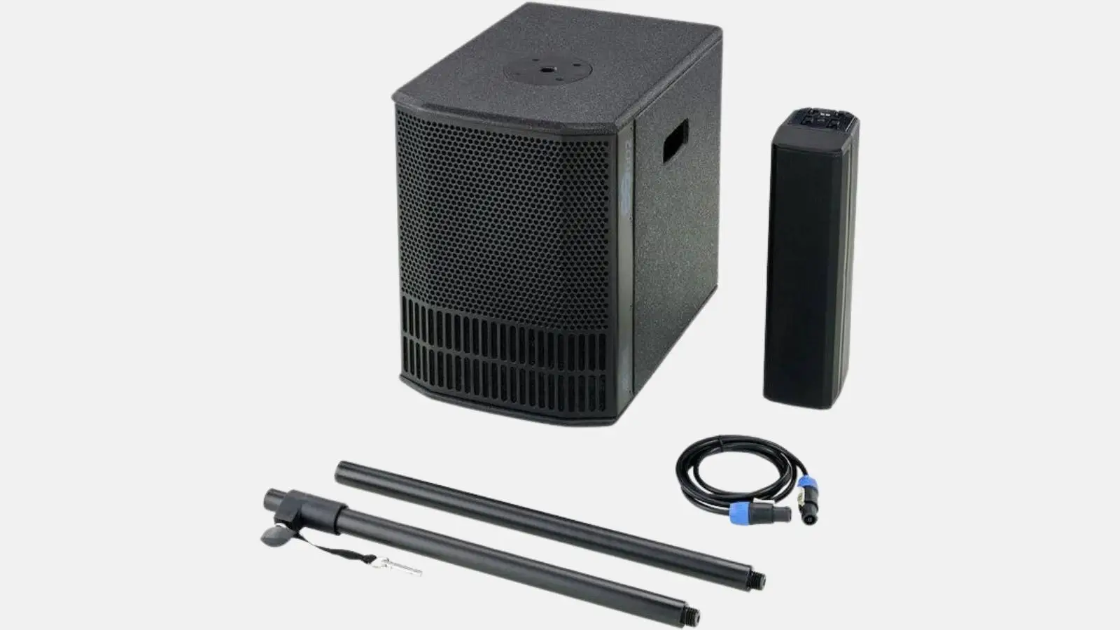dB Technologies ES602 kompaktes Säulensystem als Set mit Bassmodul, Säulenlautsprecher, Verbindungsstange und Kabel vor weißem Hintergrund.