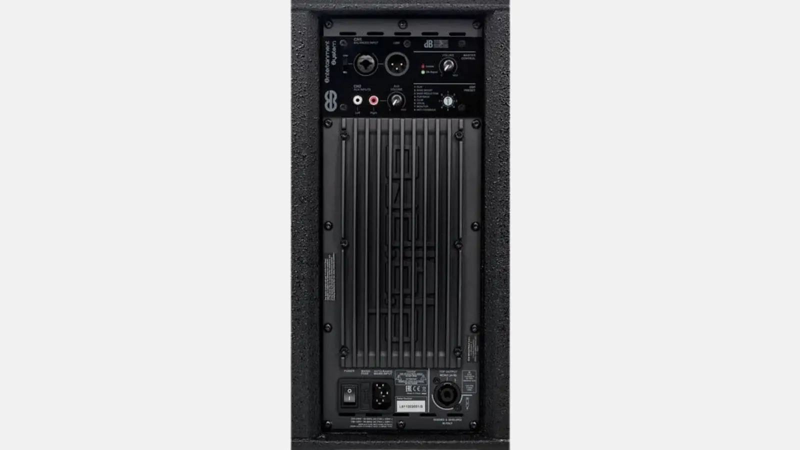 dB Technologies ES 802 Säulensystem, Rückseite des schwarzen Bassmoduls mit Anschlussfeld.