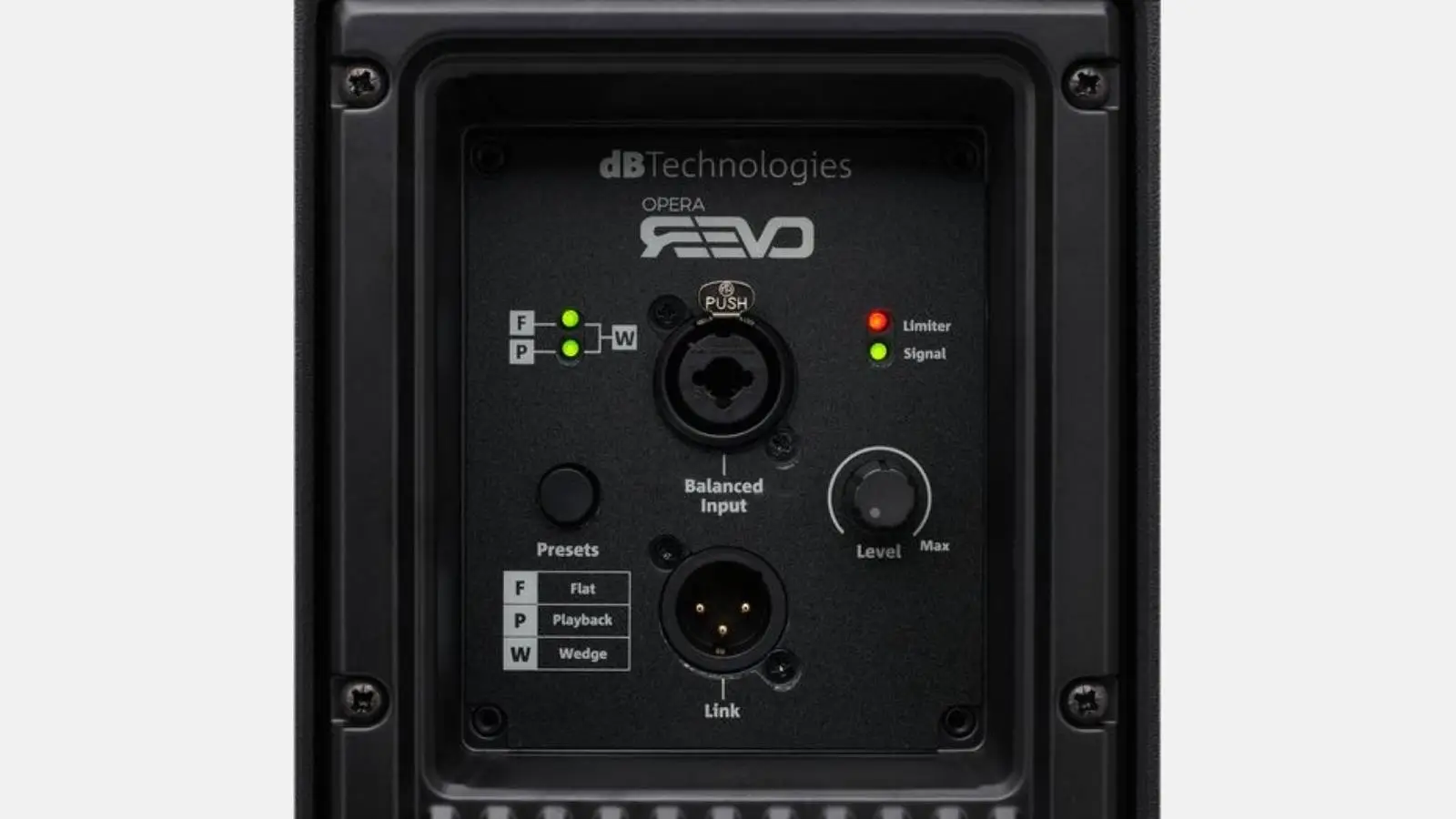 dB Technologies Opera Reevo PA-Anlage, Anschlussfeld des Topteils mit Presets und XLR-Eingang in Nahaufnahme.