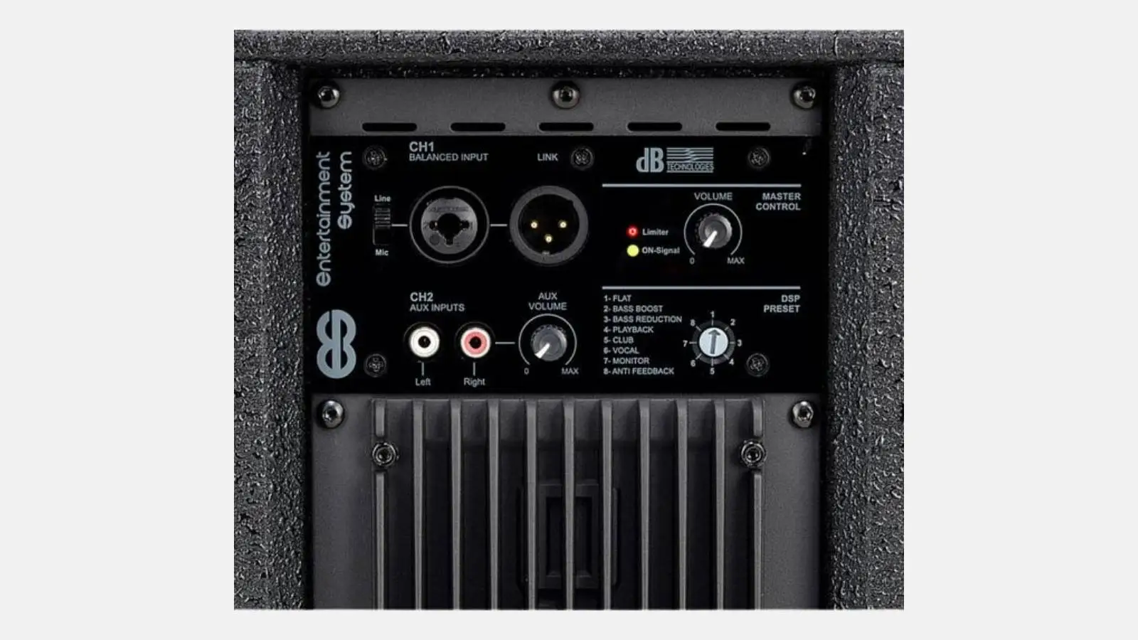 dB Technologies ES602 Säulensystem, integriertes Mischpult mit XLR-Eingängen und DSP-Presets in Nahaufnahme.