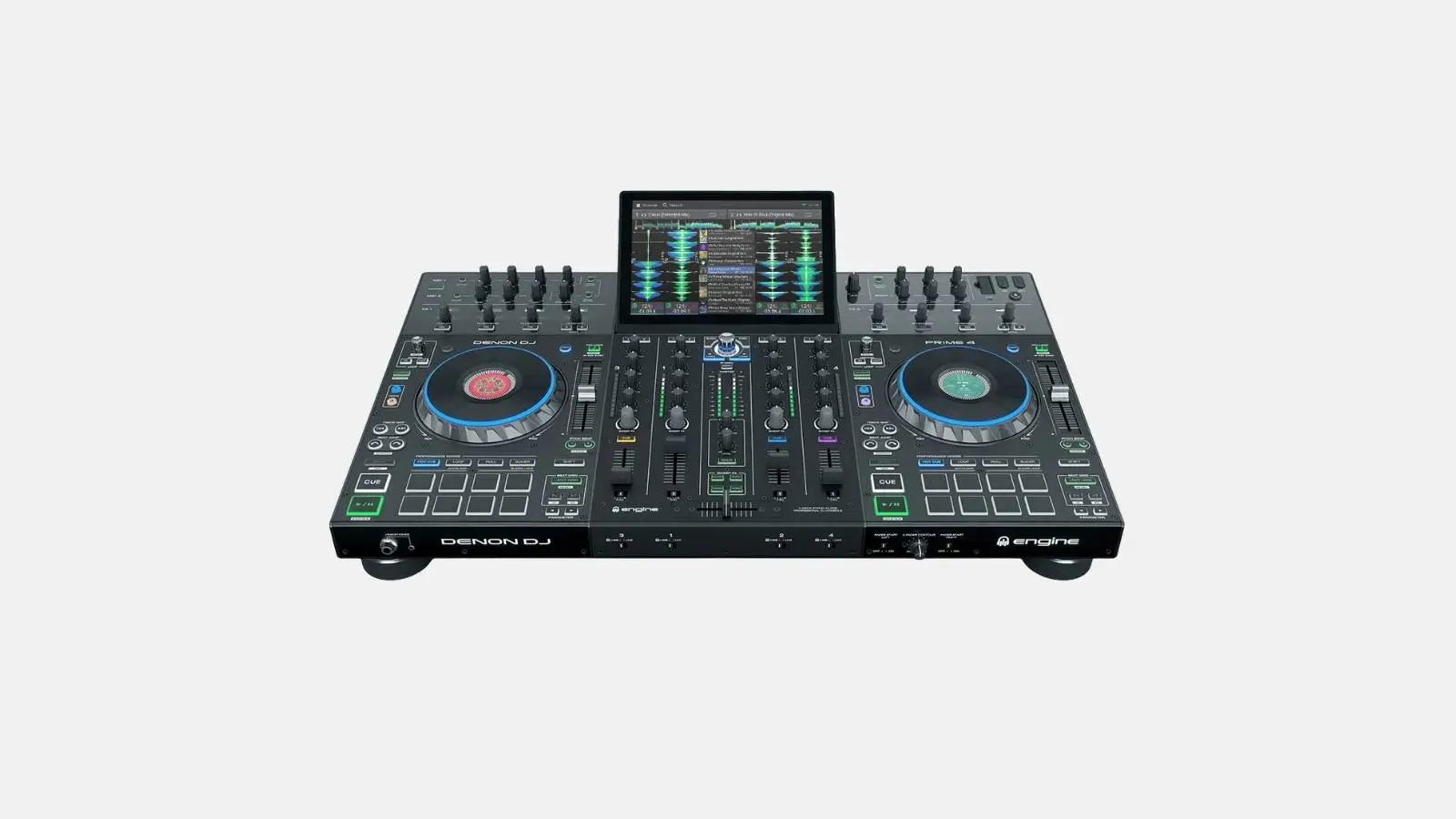 Denon DJ Prime 4+ DJ-Controller mit vier Kanälen, Jogwheels und Touchscreen in der Draufsicht vor weißem Hintergrund.