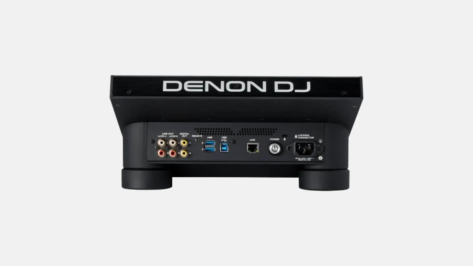 Denon DJ SC6000 DJ-Multiplayer, Rückseite mit Cinch-Ausgängen, USB und Netzanschluss vor weißem Hintergrund.