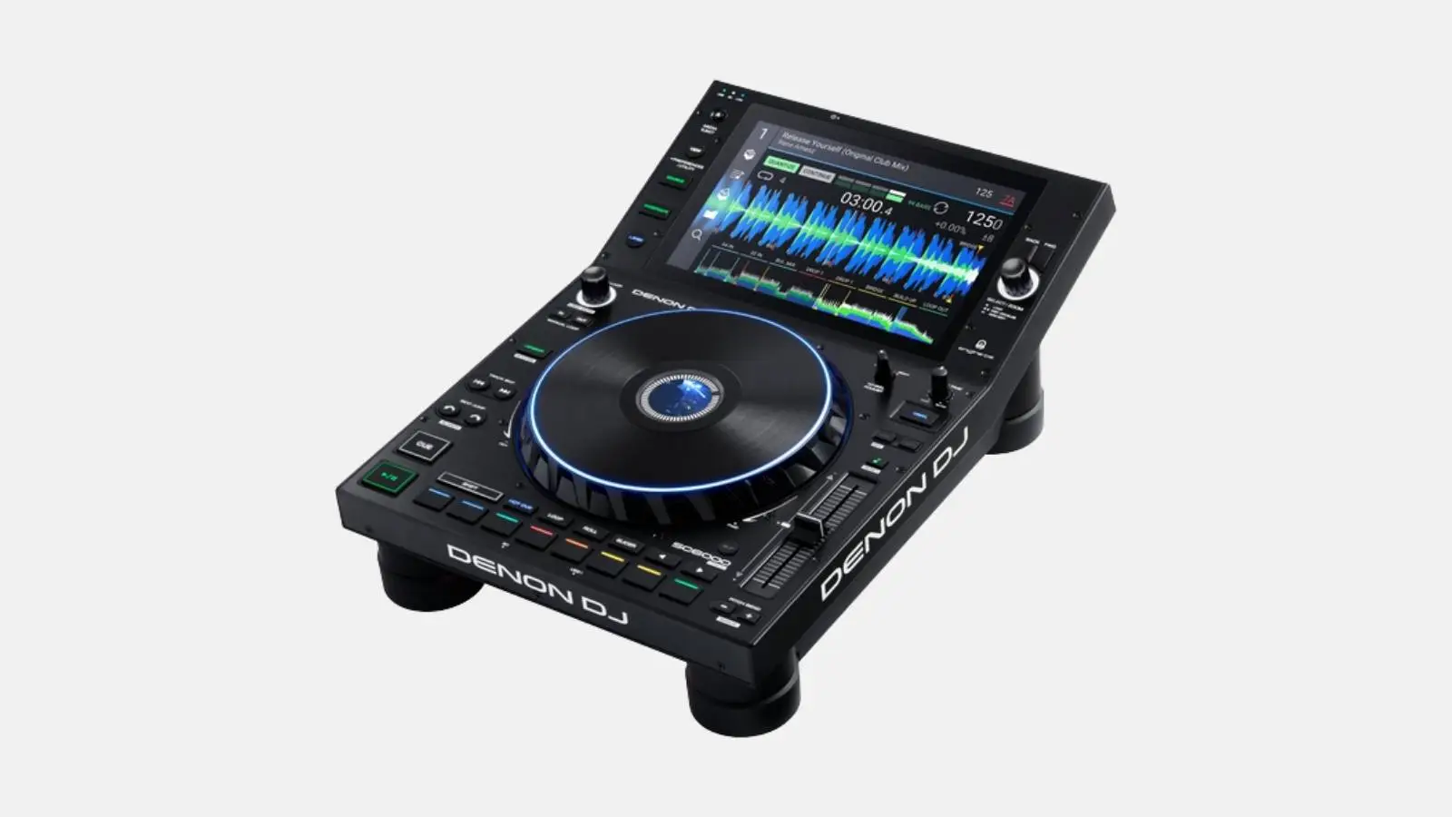 Denon DJ SC6000 DJ-Multiplayer mit großem Jogwheel und HD-Touchscreen, Schrägansicht in Schwarz vor weißem Hintergrund.