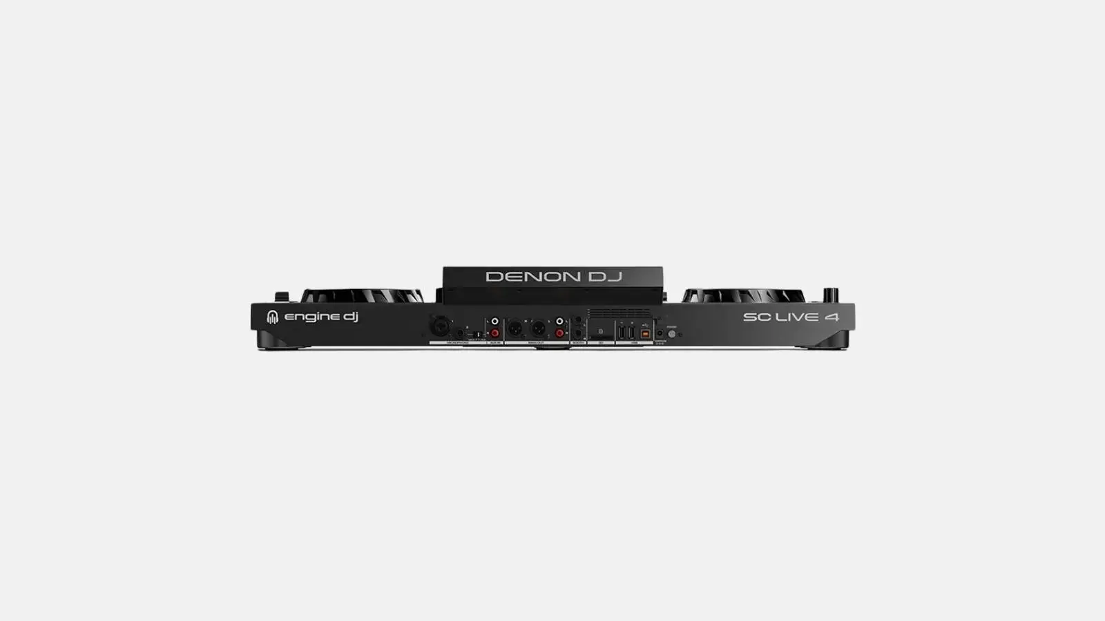 Denon DJ SC LIVE 4 Standalone DJ-Pult, Rückansicht mit Anschlussfeld in Schwarz vor weißem Hintergrund.