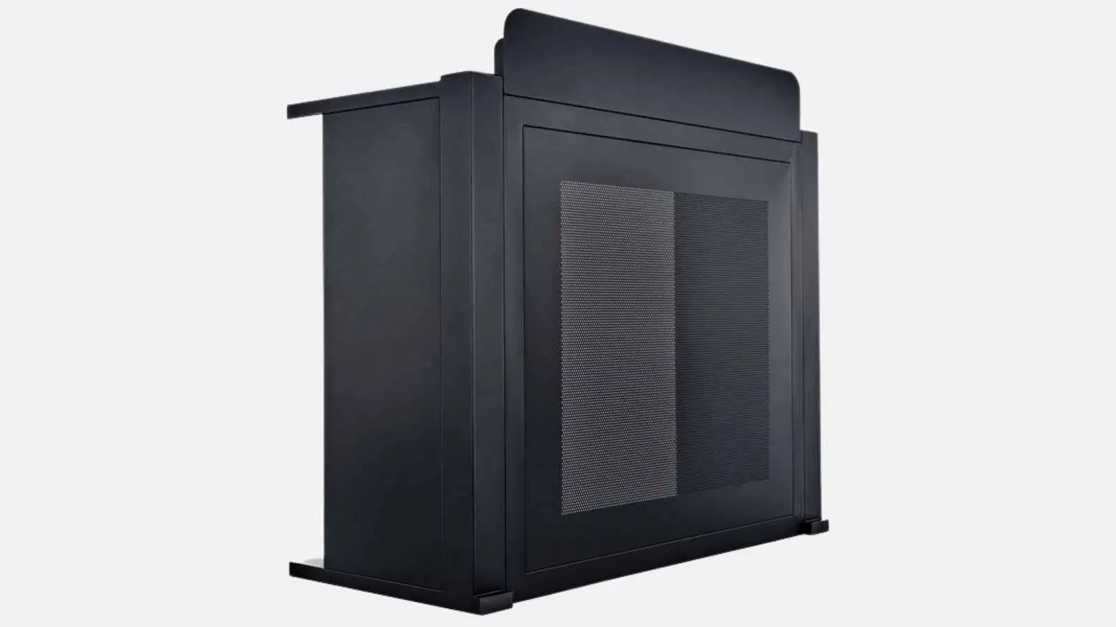 Omnitronic BOOZ DJ-Tisch in Schwarz mit glänzender Frontblende schräg von der Seite vor grauem Hintergrund.