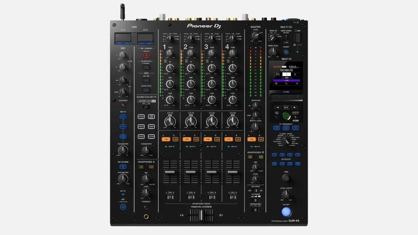 Pioneer DJ Mischpult mit vier Kanälen und Effektsektion in der Draufsicht vor weißem Hintergrund.