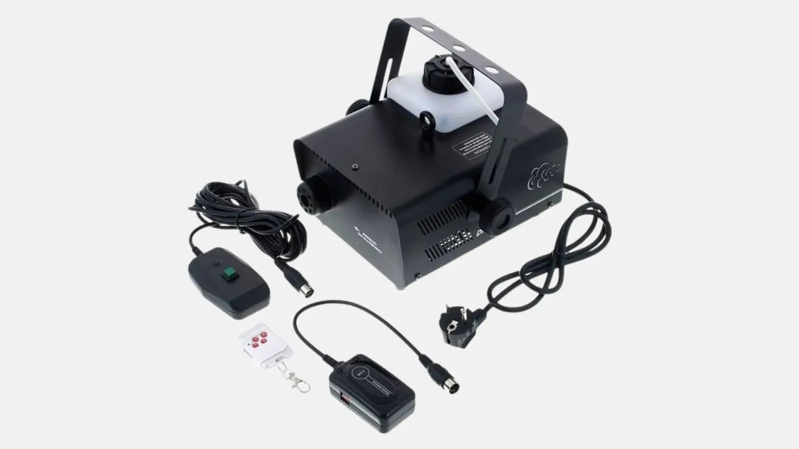 DJ Power DF-V9C Nebelmaschine in Schwarz mit Funkfernbedienung, Kabelfernbedienung und Netzkabel vor weißem Hintergrund.