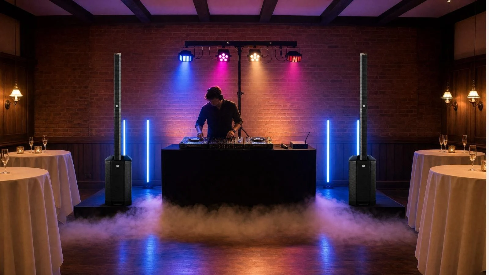 DJ-Setup im Einsatz mit zwei HK Audio Polar 12 Säulenlautsprechern, Lichttechnik und Bodennebel bei einem Event.