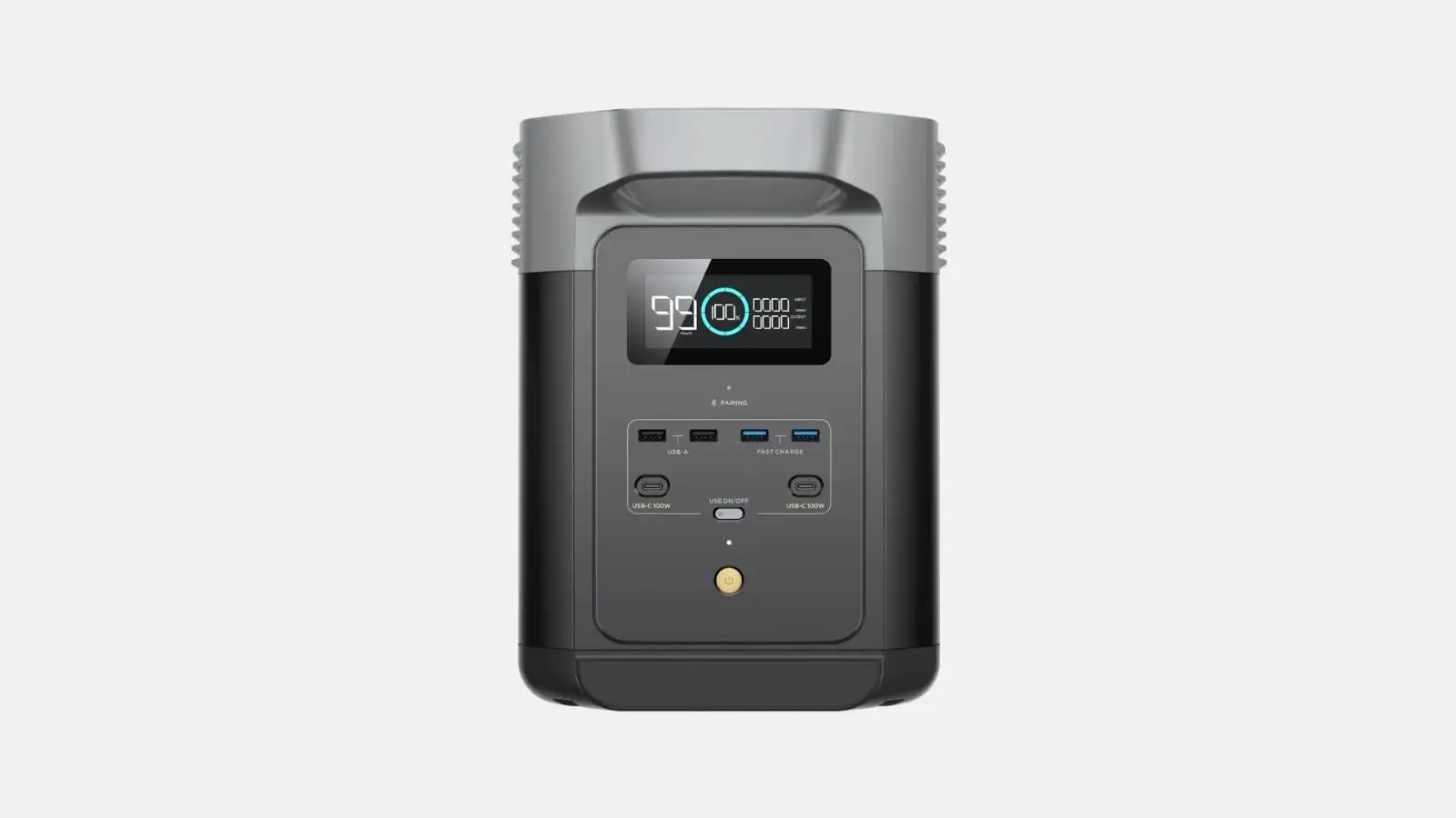 EcoFlow Delta 2 Powerstation mit Display und USB-Anschlüssen an der Front vor weißem Hintergrund.