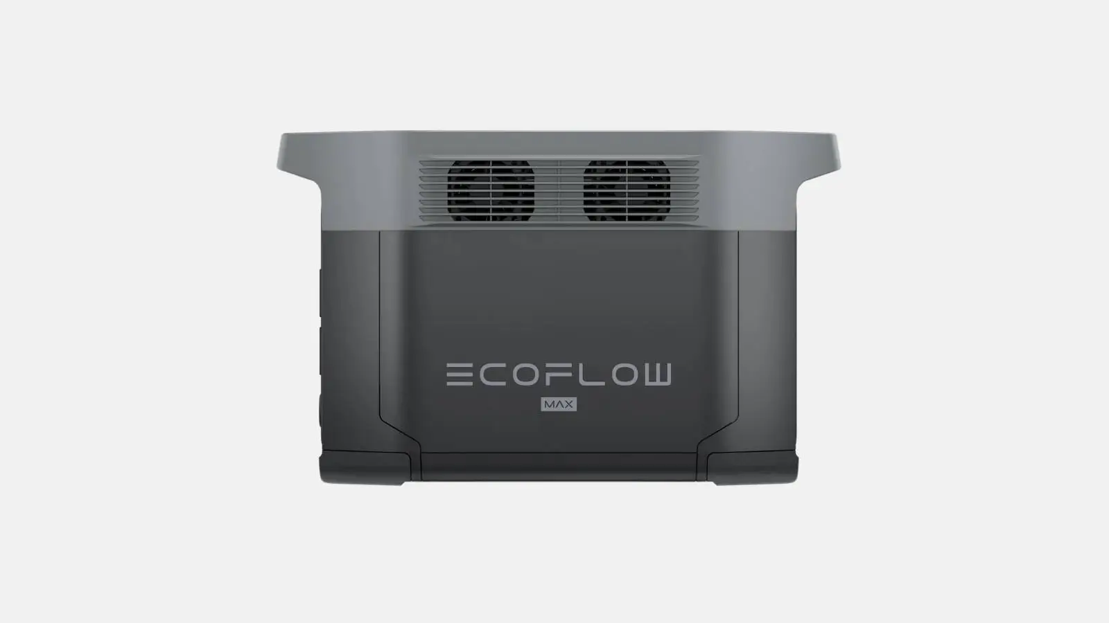 EcoFlow Delta 2 Max Powerstation mit Lüftungsgittern und Markenschriftzug vor weißem Hintergrund.