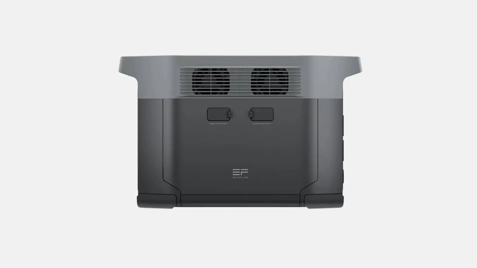 EcoFlow Delta 2 Max Powerstation von hinten mit Lüftern und Anschlüssen vor weißem Hintergrund.