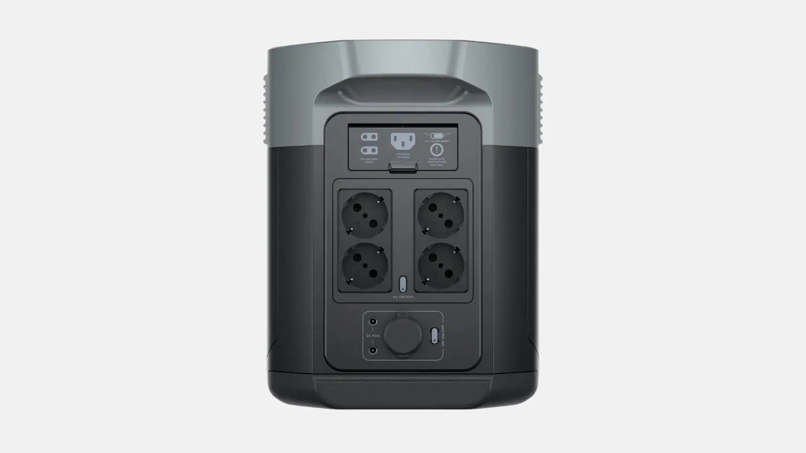 EcoFlow Delta 2 Max Powerstation mit vier Schuko-Steckdosen an der Rückseite vor weißem Hintergrund.