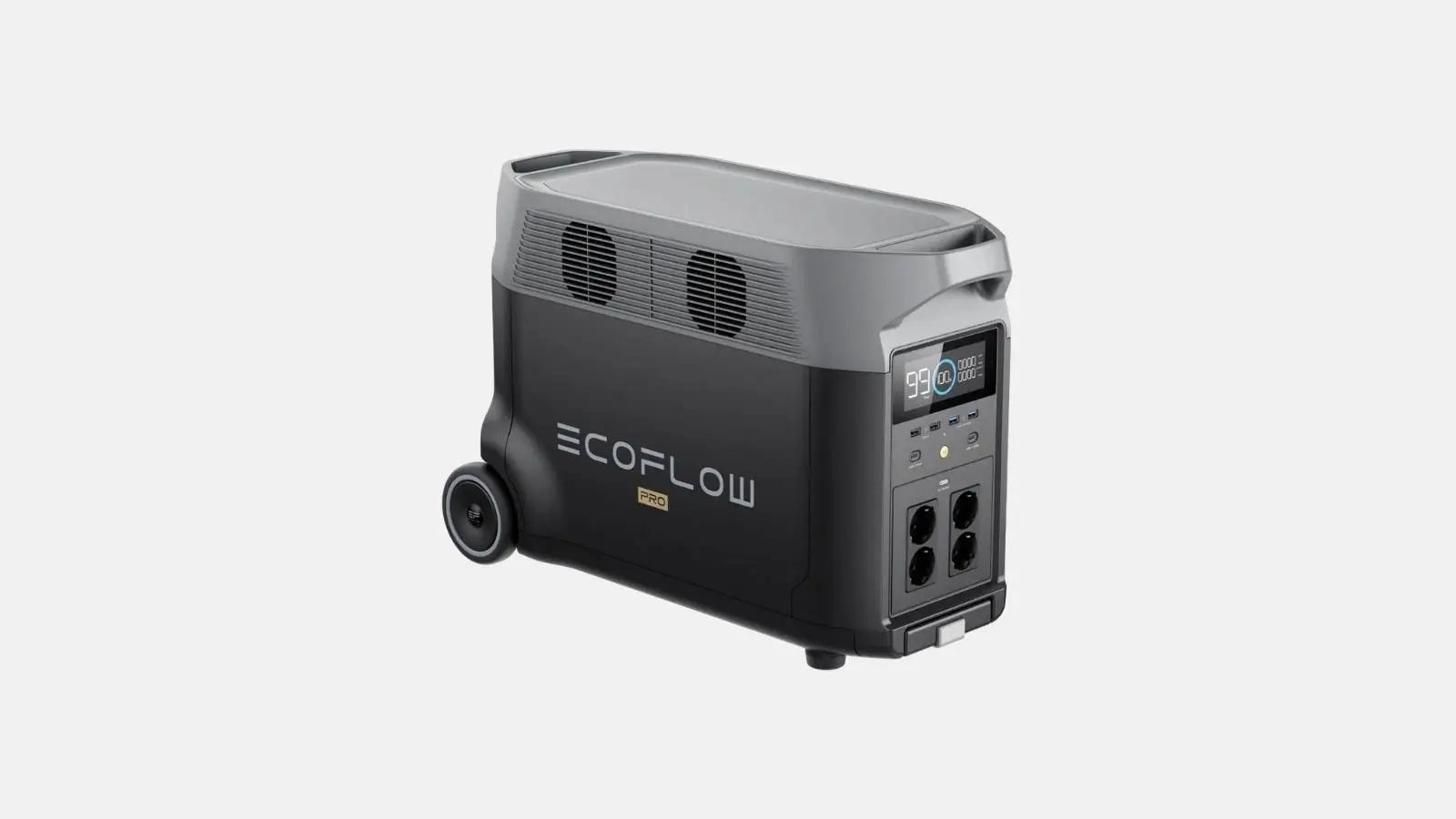 EcoFlow Delta Pro Powerstation in Schwarz mit Rollen und Display in Schrägansicht vor weißem Hintergrund.