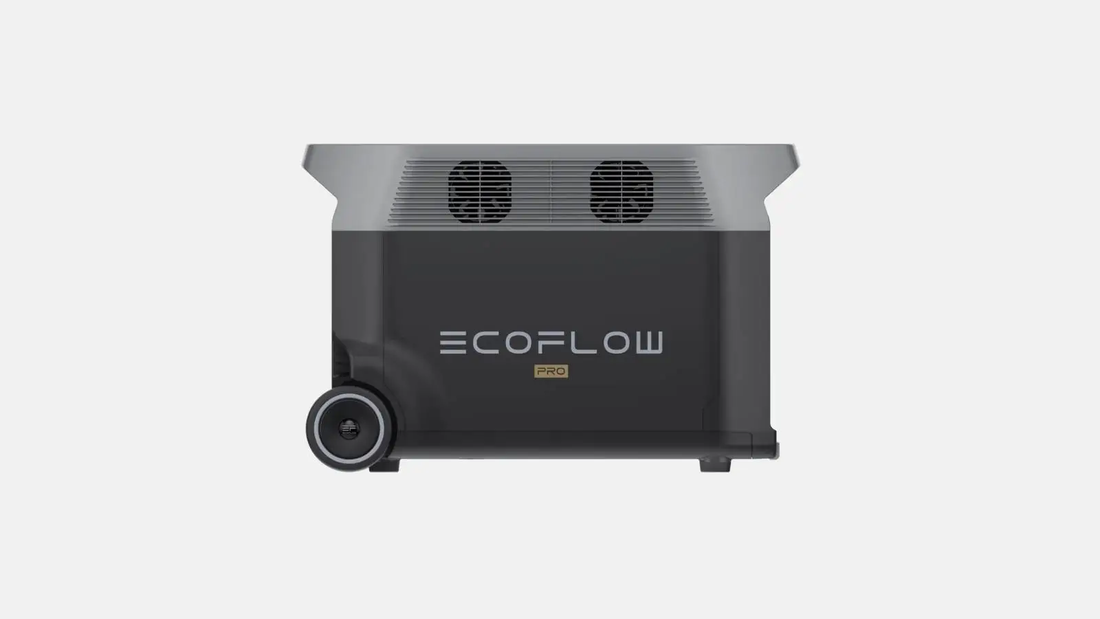 EcoFlow Delta Pro Powerstation mit Rollen und Lüftungsgittern von der Seite vor weißem Hintergrund.