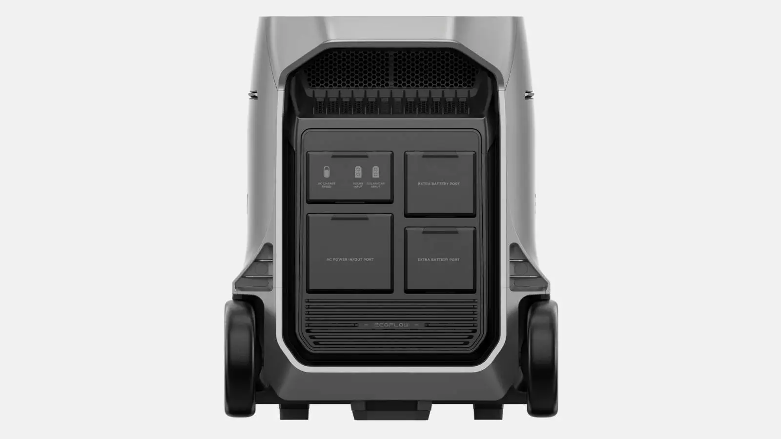 EcoFlow Delta Pro 3 Powerstation mit Anschlussfeld und Rollen an der Rückseite vor weißem Hintergrund.