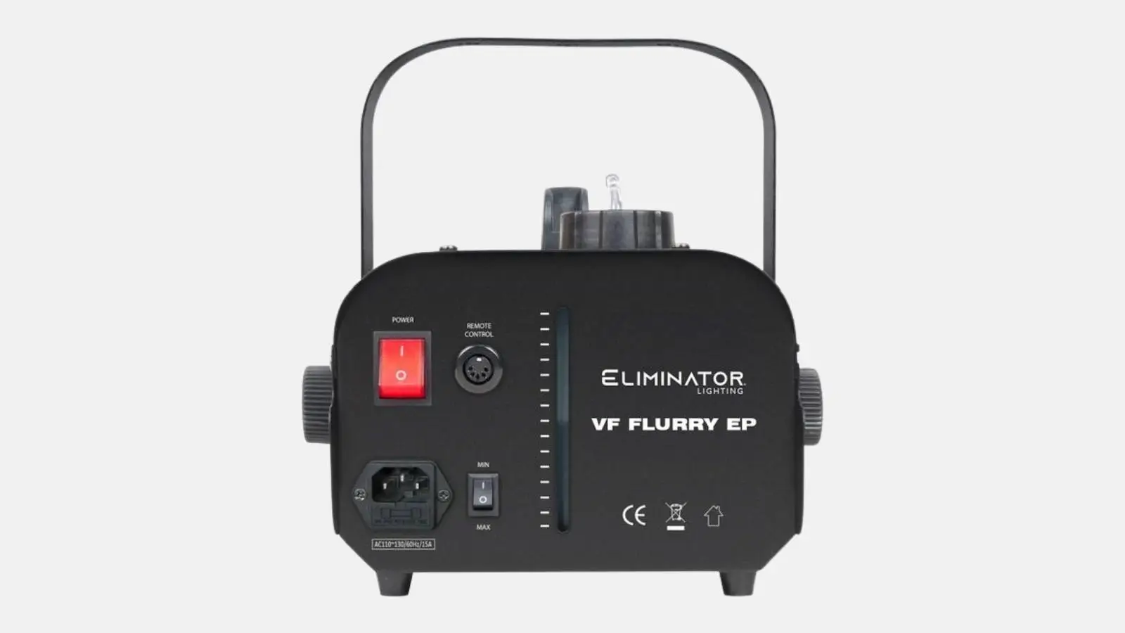 Eliminator VF Flurry EP Schneemaschine in Schwarz mit Tragegriff von hinten vor weißem Hintergrund.