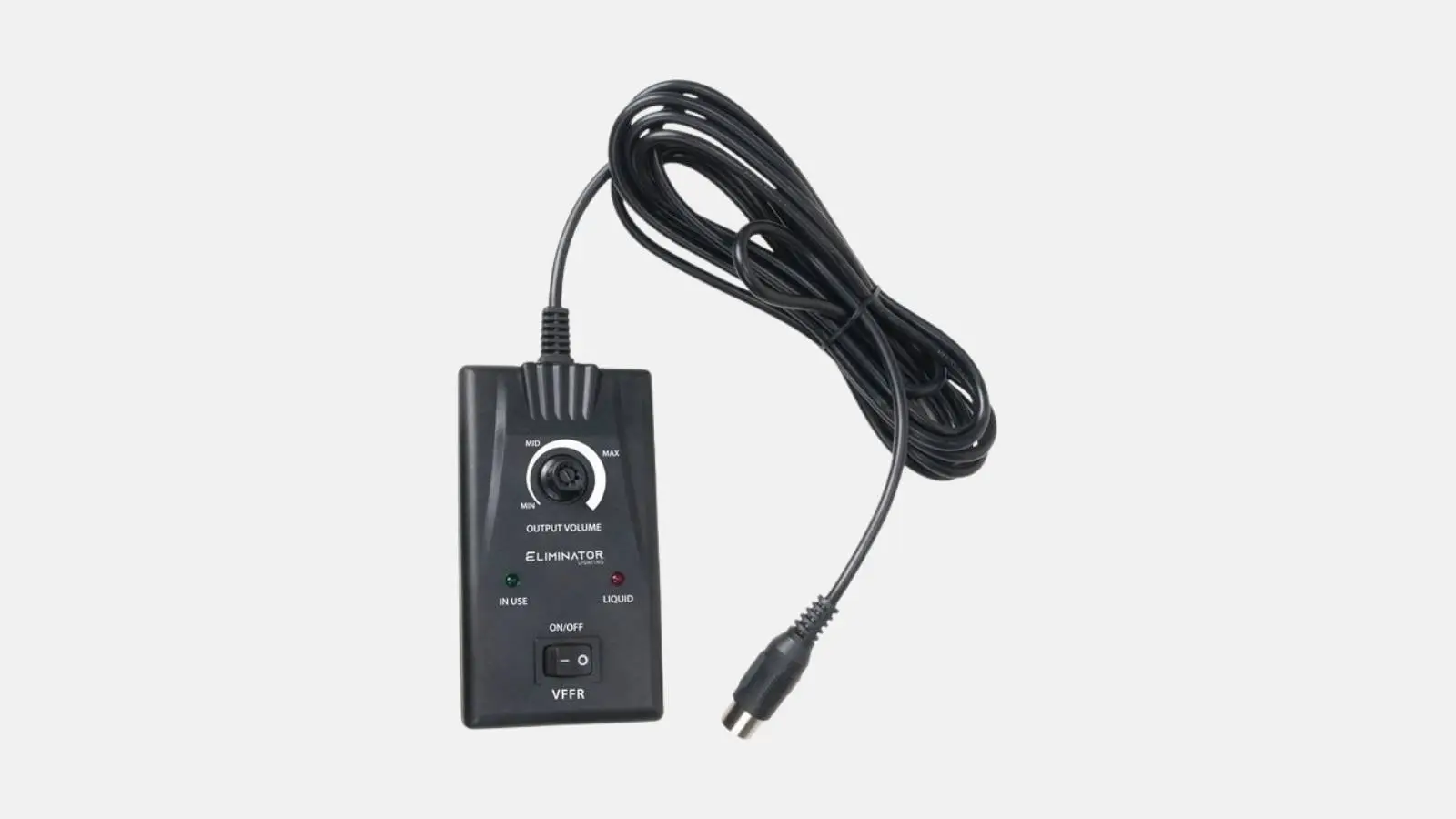Fernbedienung der Eliminator VF Flurry EP Schneemaschine mit Regler und Kabel vor weißem Hintergrund.