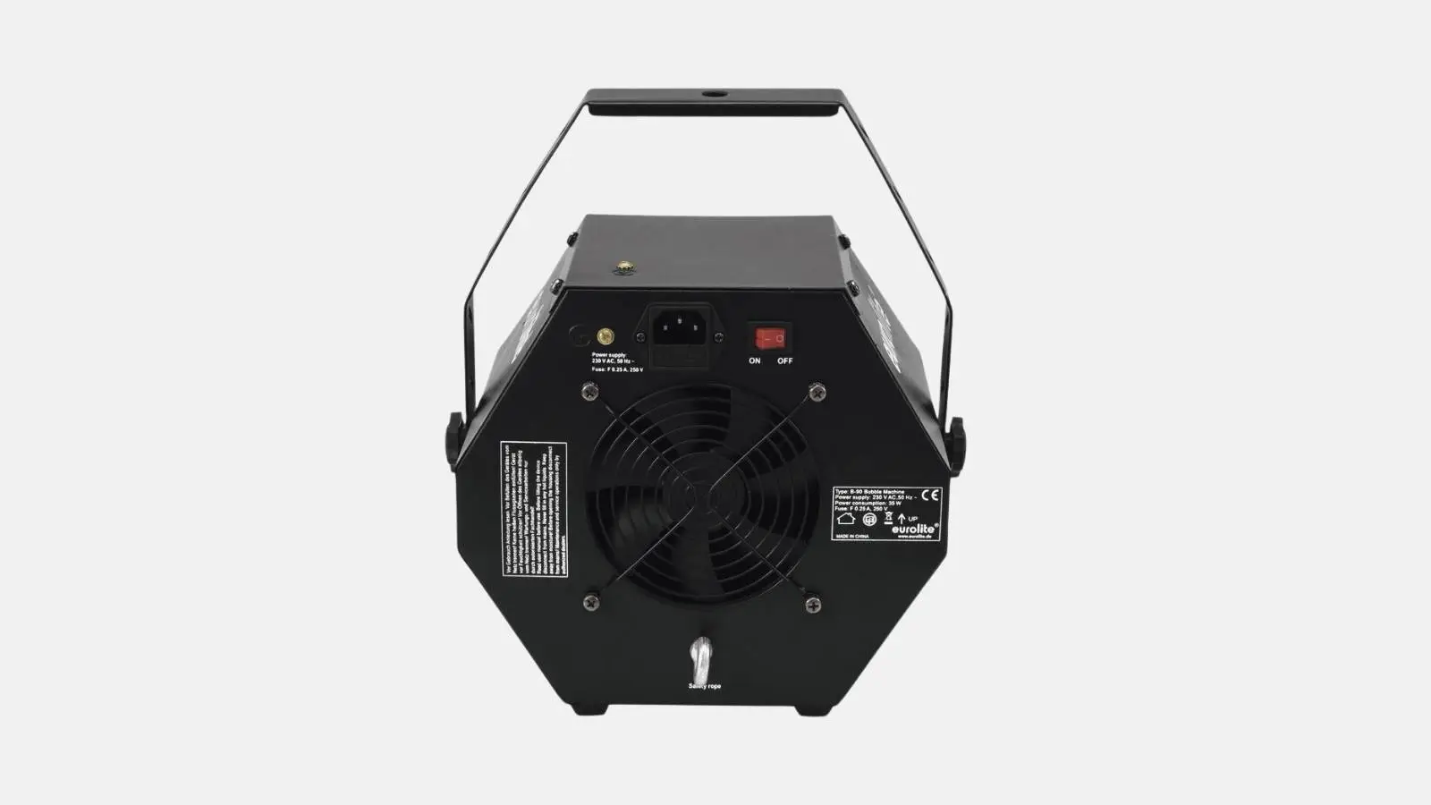 Eurolite B-90 Bubble Machine Seifenblasenmaschine in Schwarz mit Lüfter und Netzschalter in der Rückansicht.
