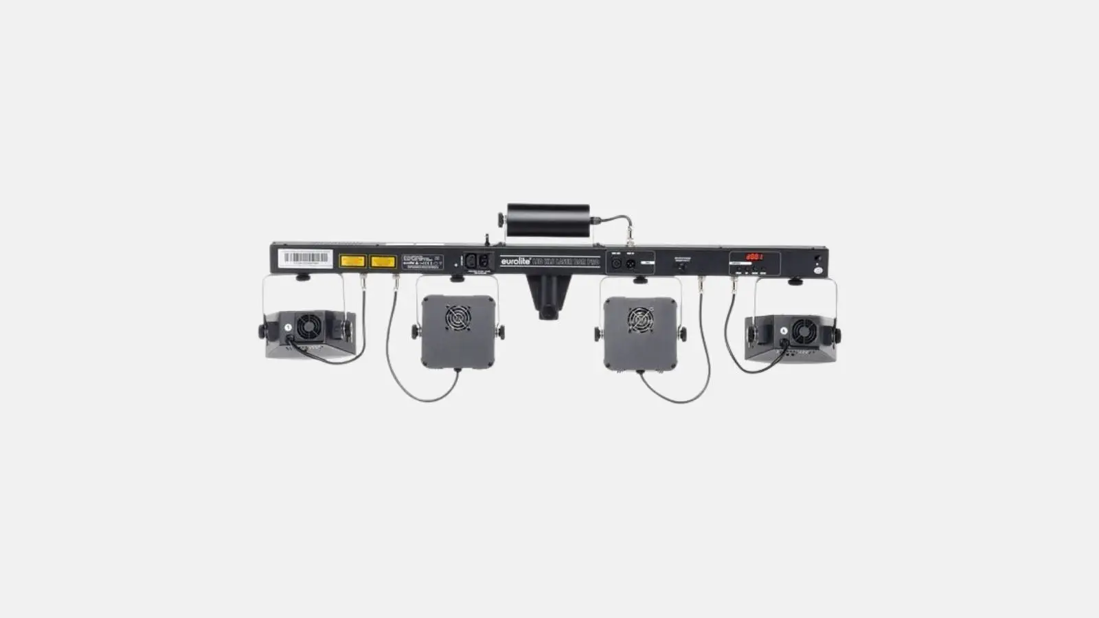 Eurolite LED KLS Laser Bar Pro FX-Set Komplett-Lichtanlage mit vier Wash-Spots und Laser auf einer Bar vor weißem Hintergrund.