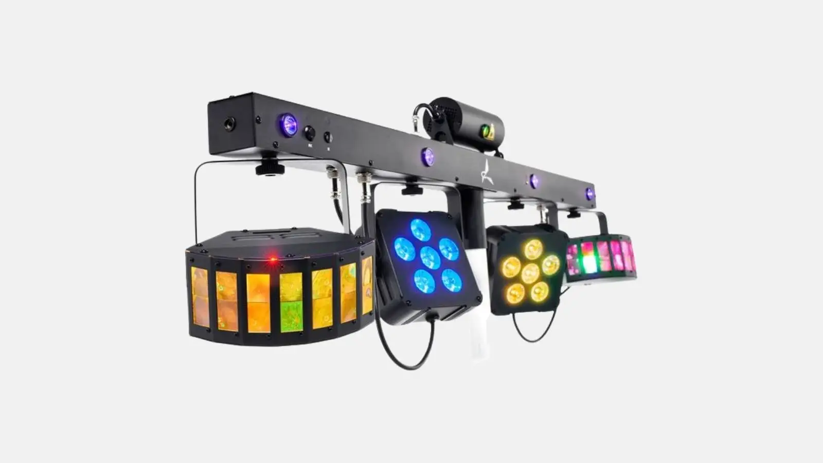 Eurolite LED KLS Laser Bar Pro FX-Set Komplett-Lichtanlage mit Laser, Derby-Effekt und LED-Spots vor weißem Hintergrund.