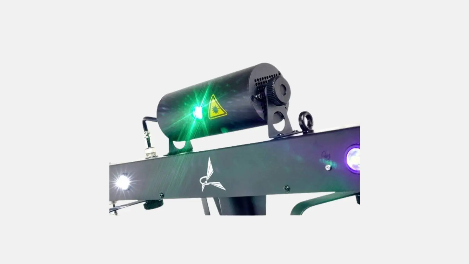 Eurolite LED KLS Laser Bar Pro FX-Set Detailansicht des Laser-Moduls mit grünem Laser und Warnhinweis.