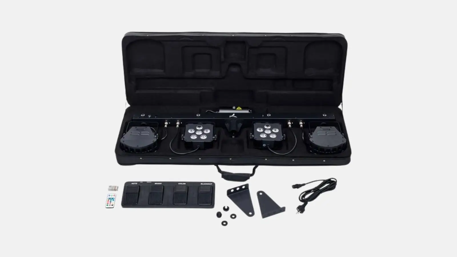 Eurolite LED KLS Laser Bar Pro FX-Set im Transportcase mit Fernbedienung, Fußschalter und Zubehör vor weißem Hintergrund.