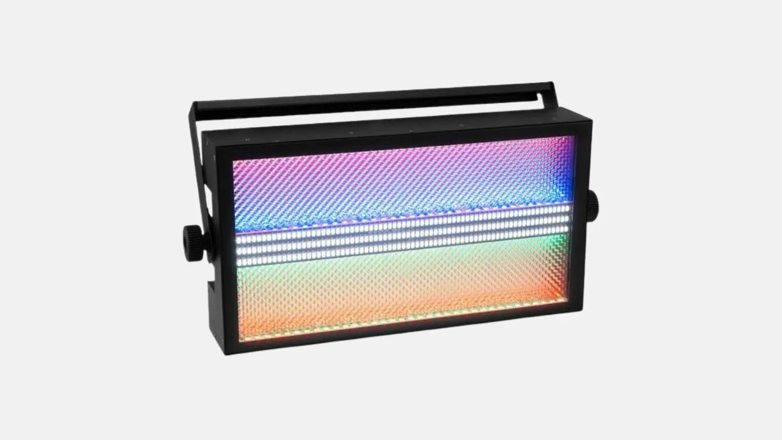 Eurolite LED Super Strobe ABL Stroboskop in Schwarz mit LED-Matrix und RGB-Ambientlicht schräg vor weißem Hintergrund.