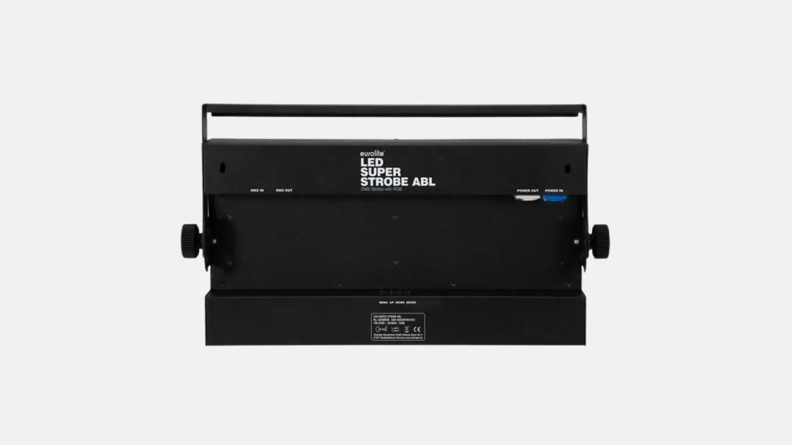 Eurolite LED Super Strobe ABL Stroboskop in Schwarz mit DMX-Anschlüssen in der Rückansicht vor weißem Hintergrund.