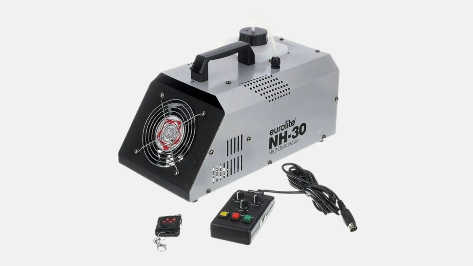 Eurolite NH-30 MK2 DMX Dunstnebelmaschine in Silber mit Tragegriff, Fernbedienung und Funkfernsteuerung vor grauem Hintergrund.