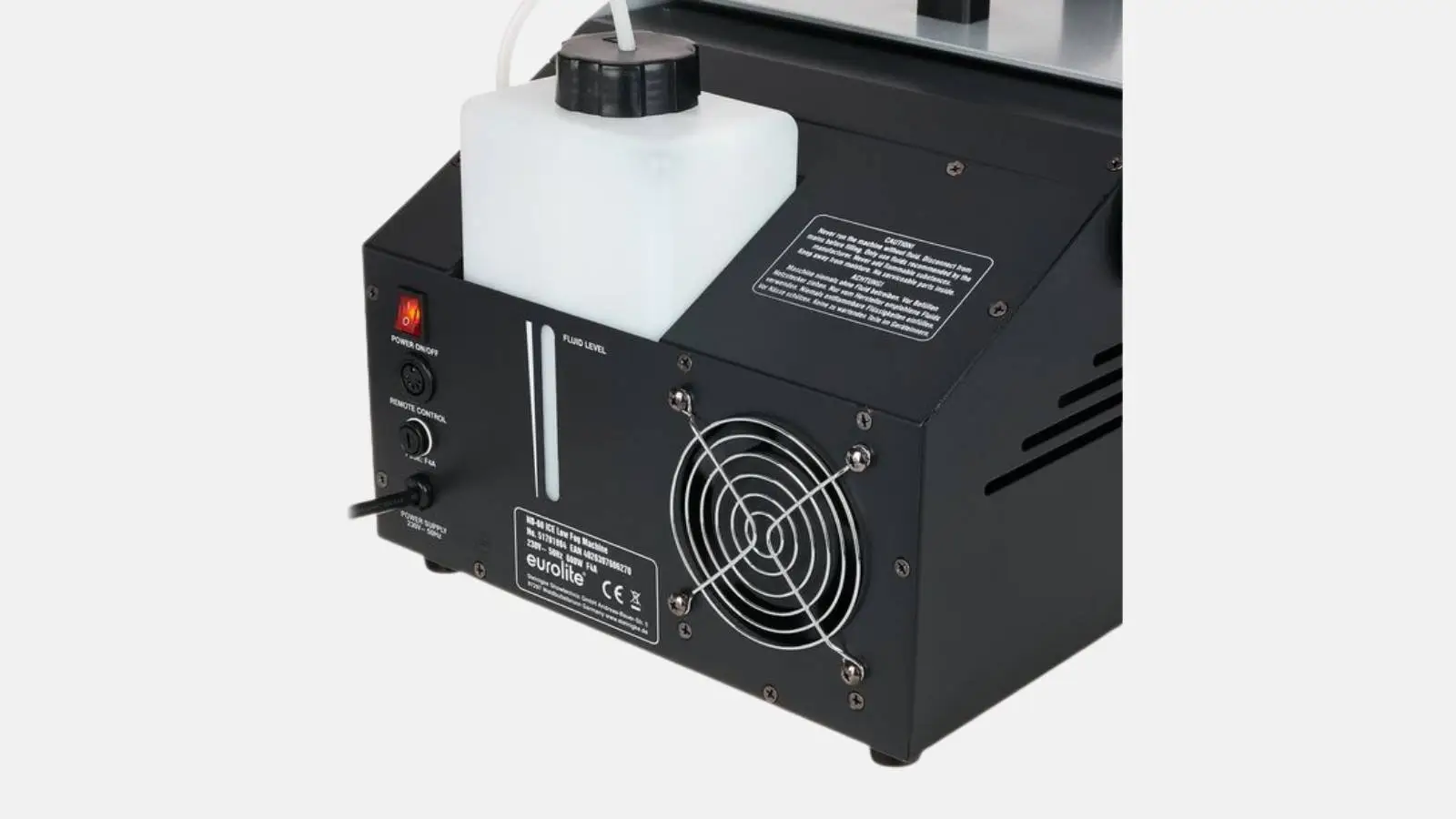 Eurolite NB-60 ICE Bodennebelmaschine in Schwarz mit Fluidtank und Lüftergitter von hinten vor grauem Hintergrund.