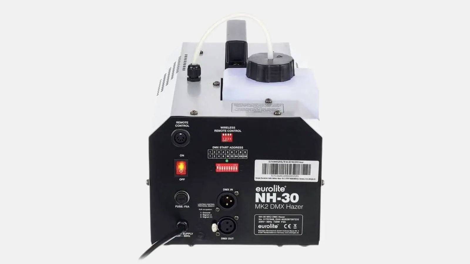 Eurolite NH-30 MK2 DMX Dunstnebelmaschine in Silber mit DMX-Anschlüssen und Fluidtank von hinten vor grauem Hintergrund.