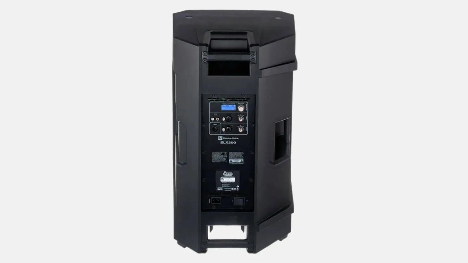 Electro-Voice ELX200 Aktivlautsprecher der EV ELX200 PA-Anlage von hinten mit Verstärkerpanel und Tragegriffen vor grauem Hintergrund.