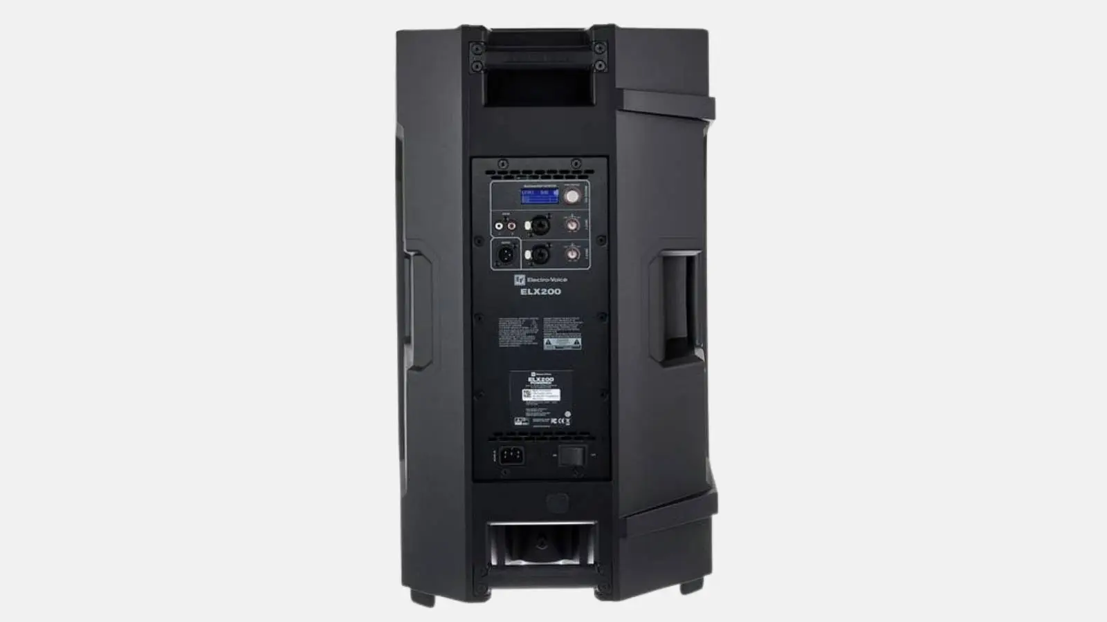 Electro-Voice ELX200 Lautsprecher der EV ELX200 PA-Anlage von hinten mit Anschlussfeld und Griffen vor grauem Hintergrund.