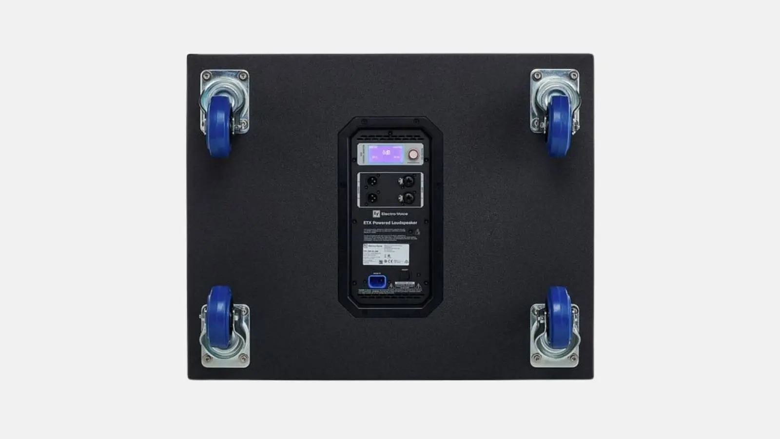 Unterseite des Electro-Voice ETX-18SP Subwoofers mit vier blauen Transportrollen und Verstärkerpanel vor grauem Hintergrund.
