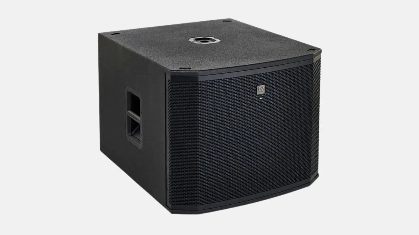 Electro-Voice ETX-18SP Subwoofer in Schwarz mit 18-Zoll-Bassreflexgehäuse schräg von vorne vor grauem Hintergrund.